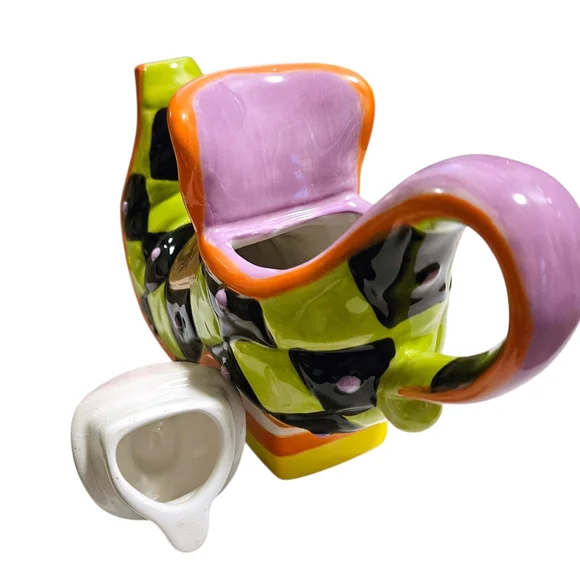 Ceramic Halloween Witch's Boot Teapot Spider Lid Harlequin Check Whimsical Decor - Picture 11 of 16